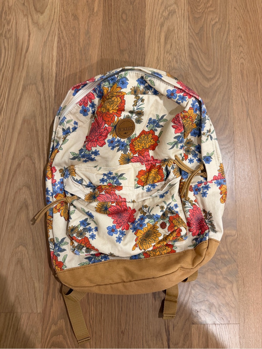 O'Neill Cream Floral Canvas Backpack with Red, Blue & Mustard Flowers